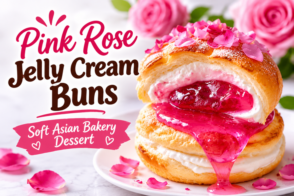 Pink rose jelly cream buns with soft golden bread, fluffy whipped cream, glossy pink jelly, and edible rose petals.